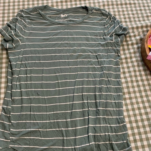 SO Tops - SO Women's Short Sleeve Tee in Green and White Stripes